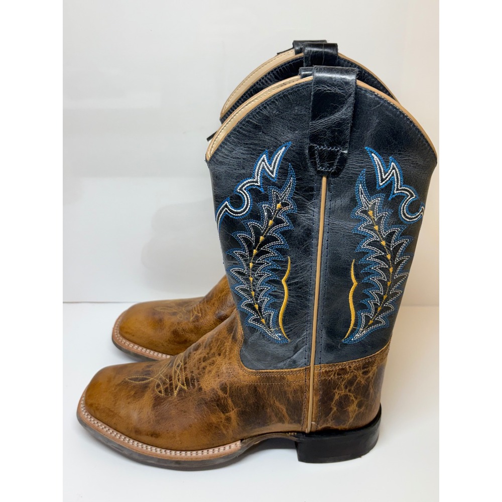 Old West Youth BSY1960 Burnt Tan Navy Blue Wide Square Toe Cowboy Boots Size 6D